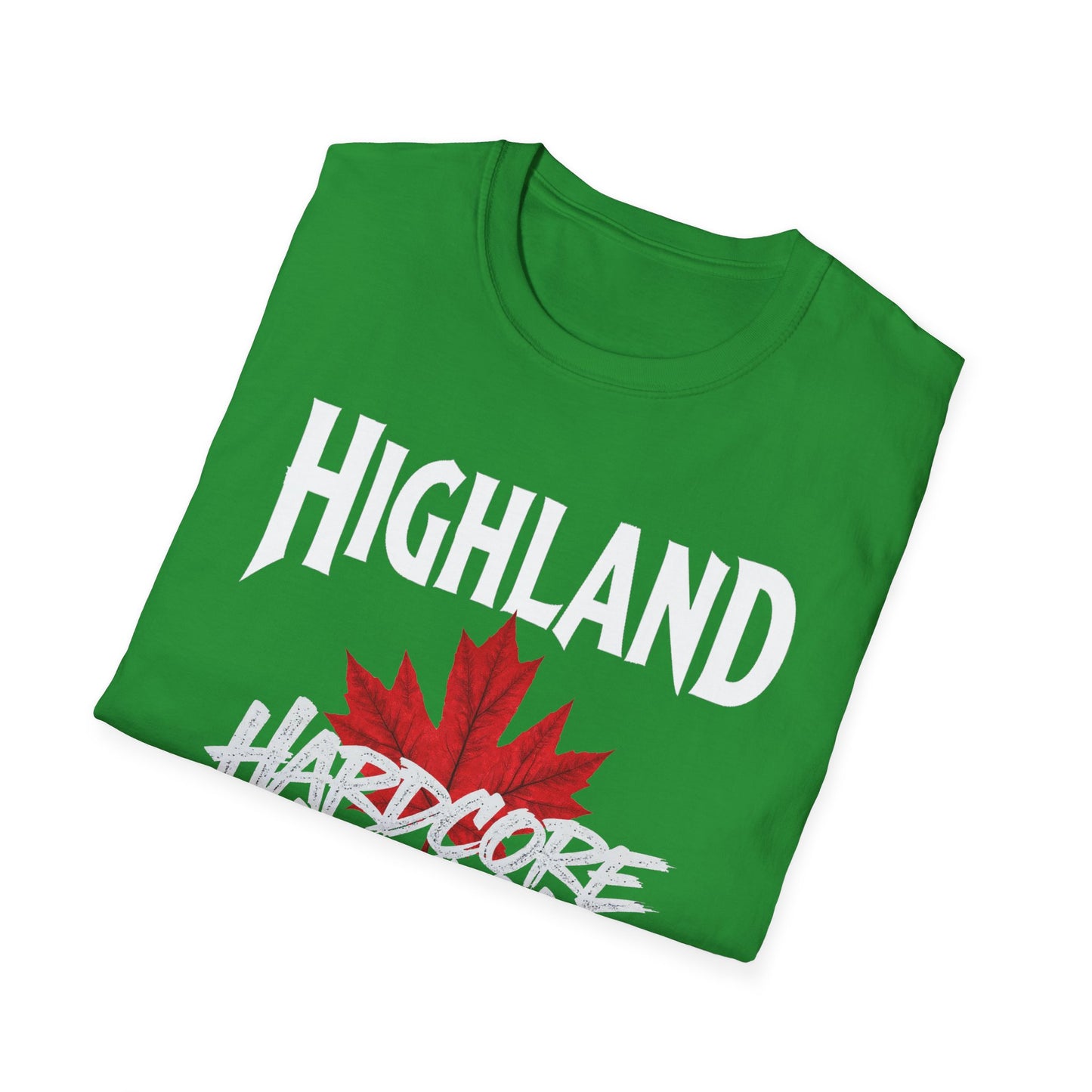 Highland Hardcore We Support Our Own Red Leaf T-Shirt, c02-n05-s006 Softstyle Graphic Tee, Unisex Casual Wear, Support'n Locals Merch, Gift for Community Lovers.