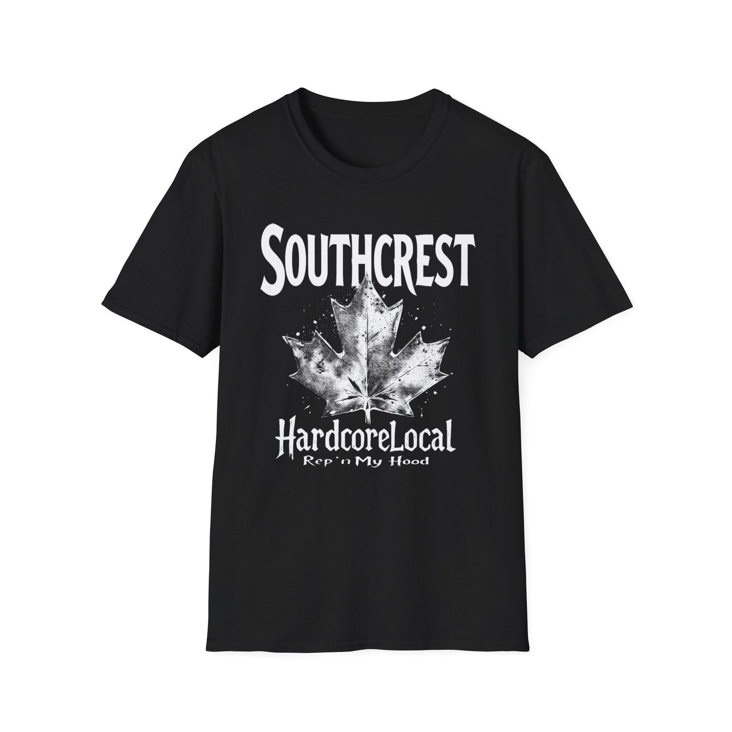 Southcrest Hardcore Rep'n White Leaf T-Shirt, c02-n07-s007 Softstyle Graphic Tee, Unisex Casual Wear, Support'n Locals Merch, Gift for Community Lovers.