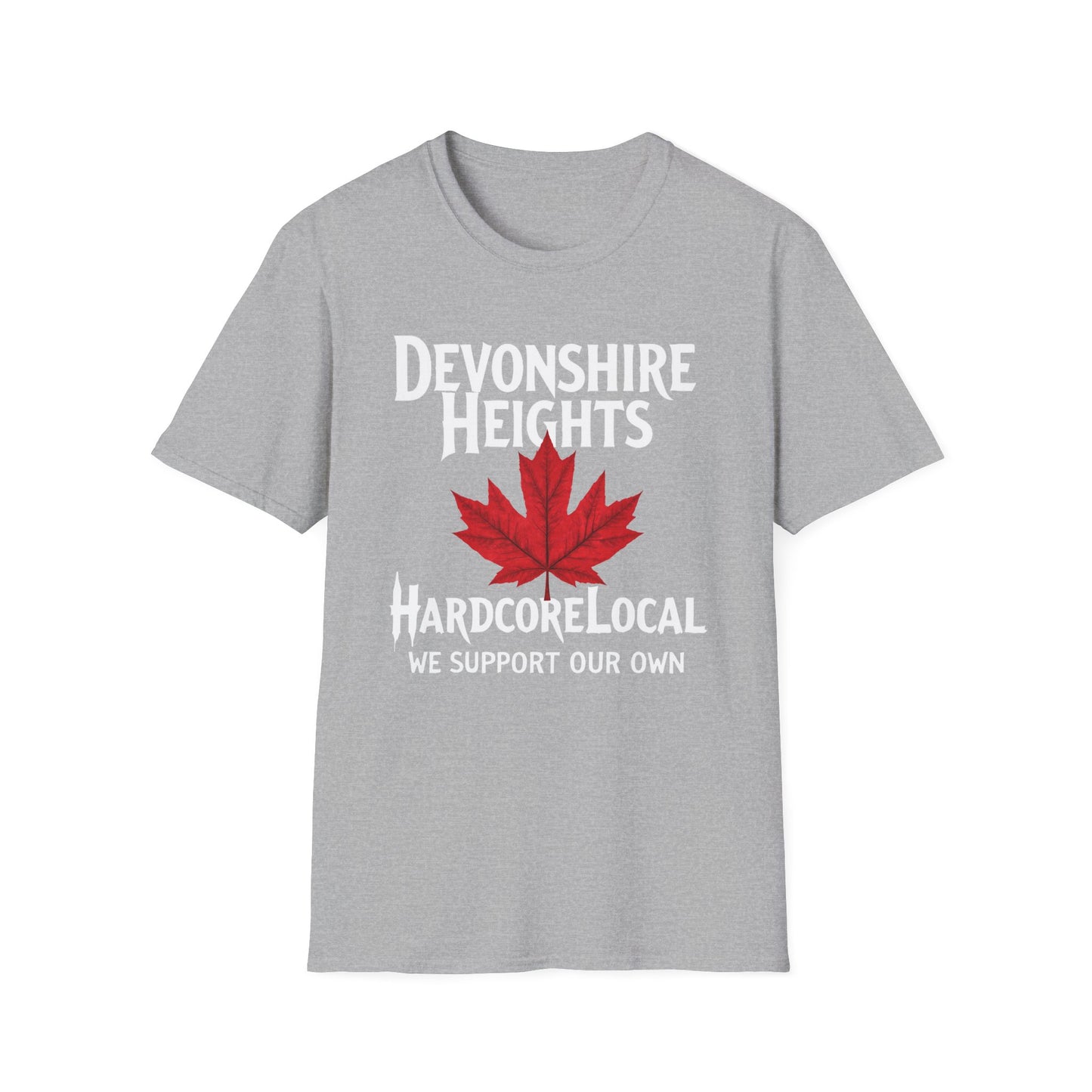 Devonshire Heights Hardcore Local Red Leaf, We Support Our Own, 1 T-Shirt, Softstyle Graphic Tee, Unisex Casual Wear, Support Local Merch, Gift for Community Lovers