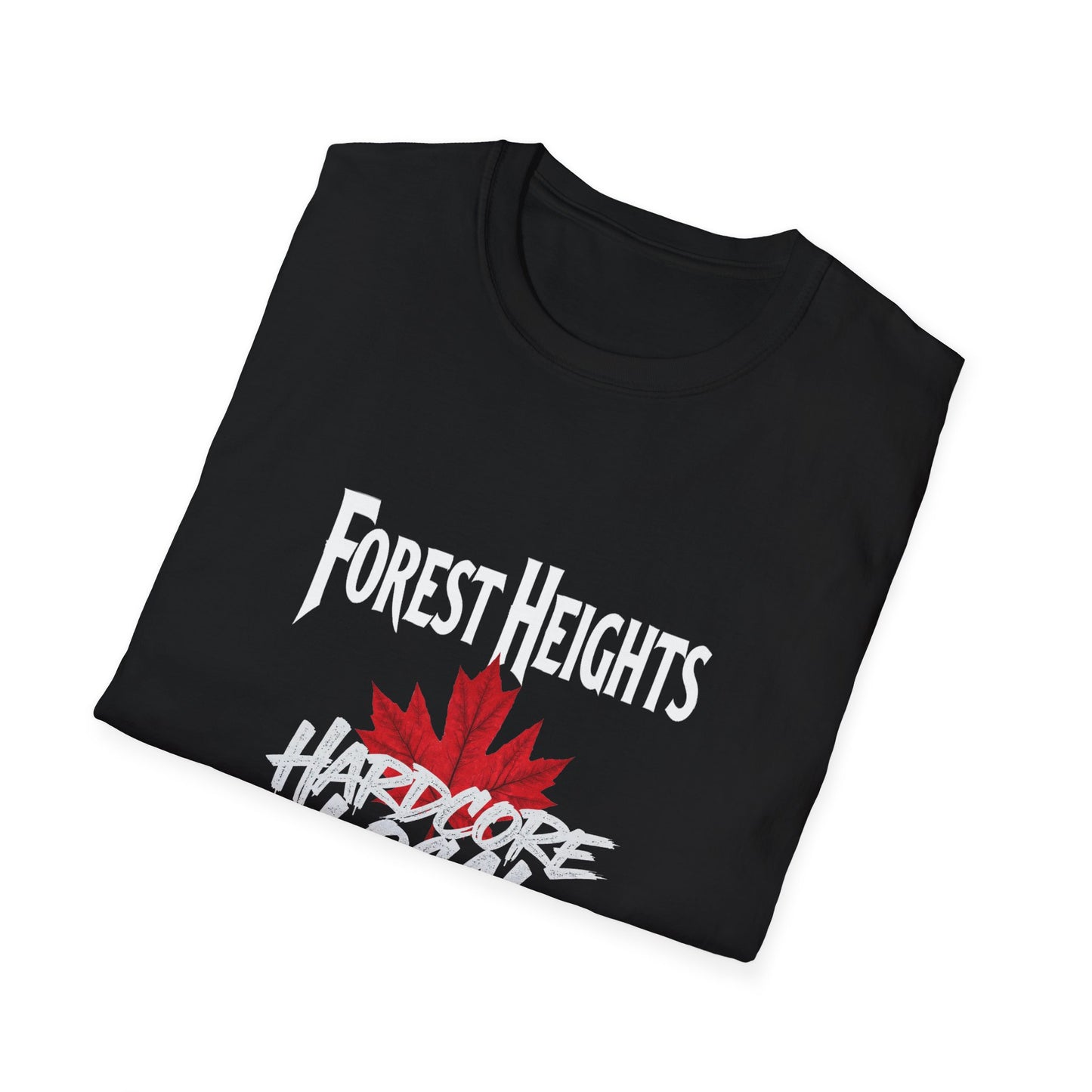 Forest Heights Hardcore We Support Our Own Red Leaf T-Shirt, c03-n03-s006 Softstyle Graphic Tee, Unisex Casual Wear, Support'n Locals Merch, Gift for Community Lovers.
