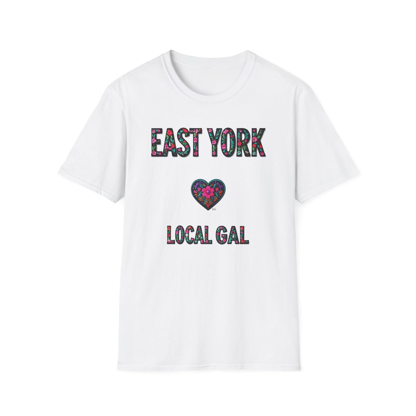 East York Local Gal Flower-Heart T-Shirt, c06-n02-s005 Softstyle Graphic Tee, Unisex Casual Wear, Support Local Merch, Gift for Community Lovers, Finkz WINDSOR