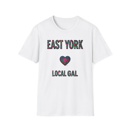 East York Local Gal Flower-Heart T-Shirt, c06-n02-s005 Softstyle Graphic Tee, Unisex Casual Wear, Support Local Merch, Gift for Community Lovers, Finkz WINDSOR