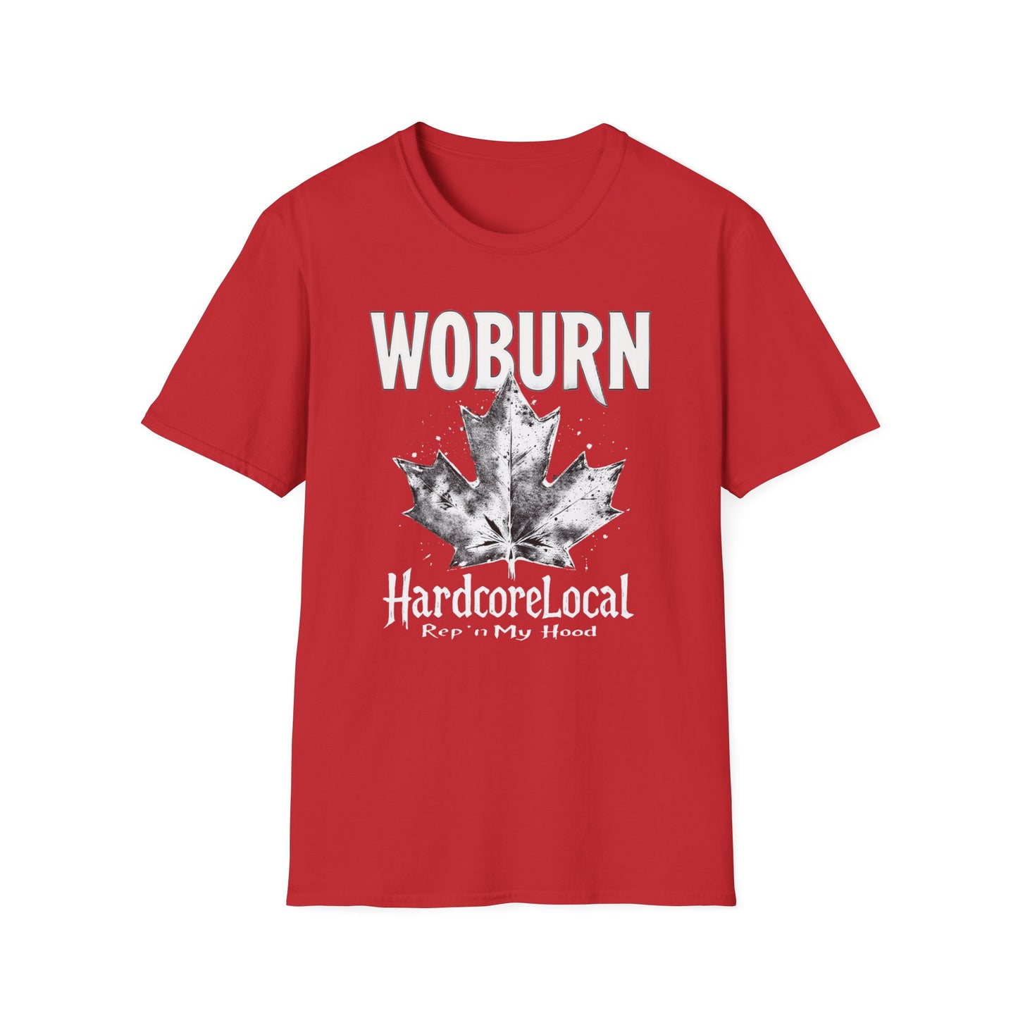 Woburn Hardcore Rep'n White Leaf T-Shirt, c006-n06-s007 Softstyle Graphic Tee, Unisex Casual Wear, Support'n Locals Merch, Gift for Community Lovers.