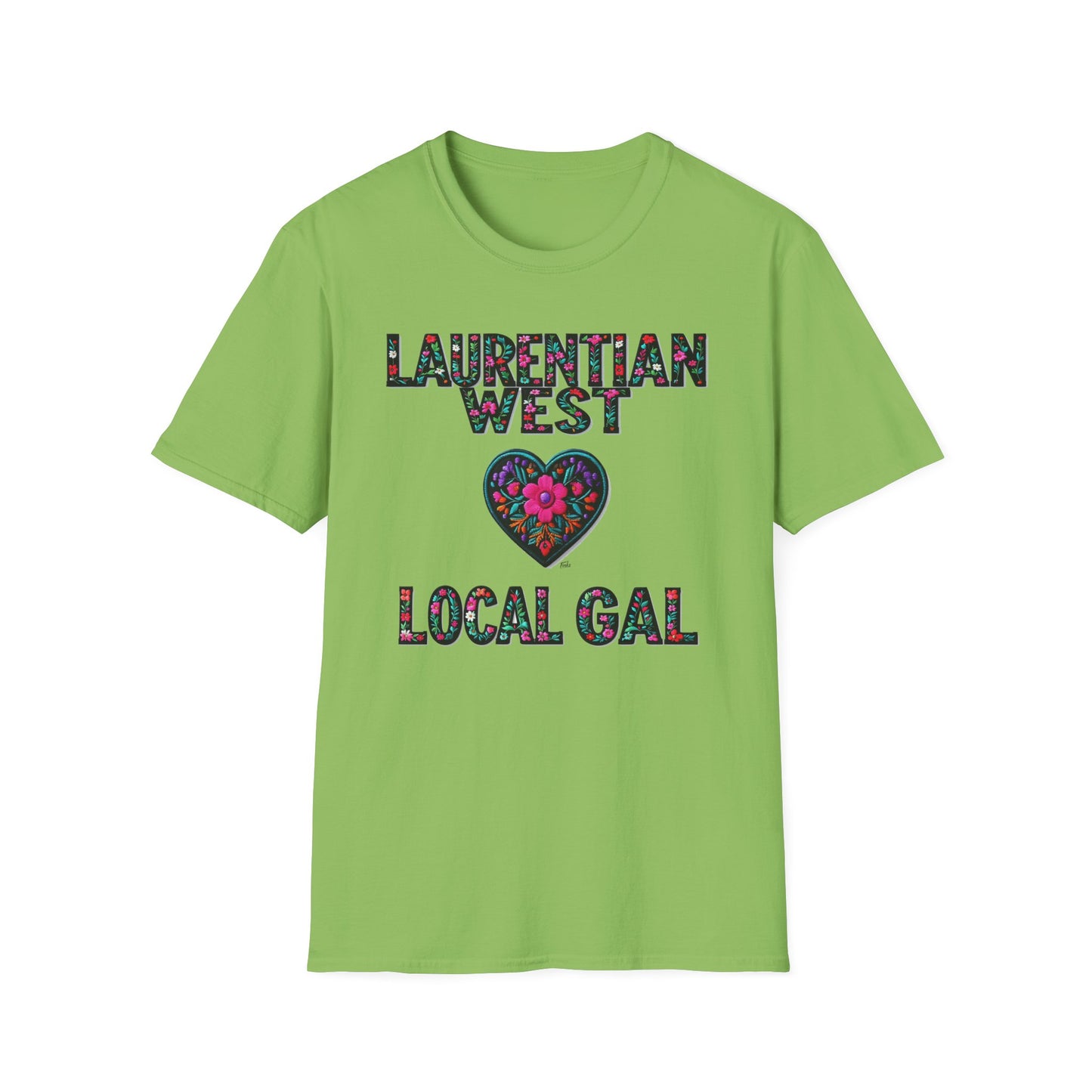 Laurentian West Local Gal Flower-Heart T-Shirt, c03-n01-s005 Softstyle Graphic Tee, Unisex Casual Wear, Support Local Merch, Gift for Community Lovers, Finkz WINDSOR