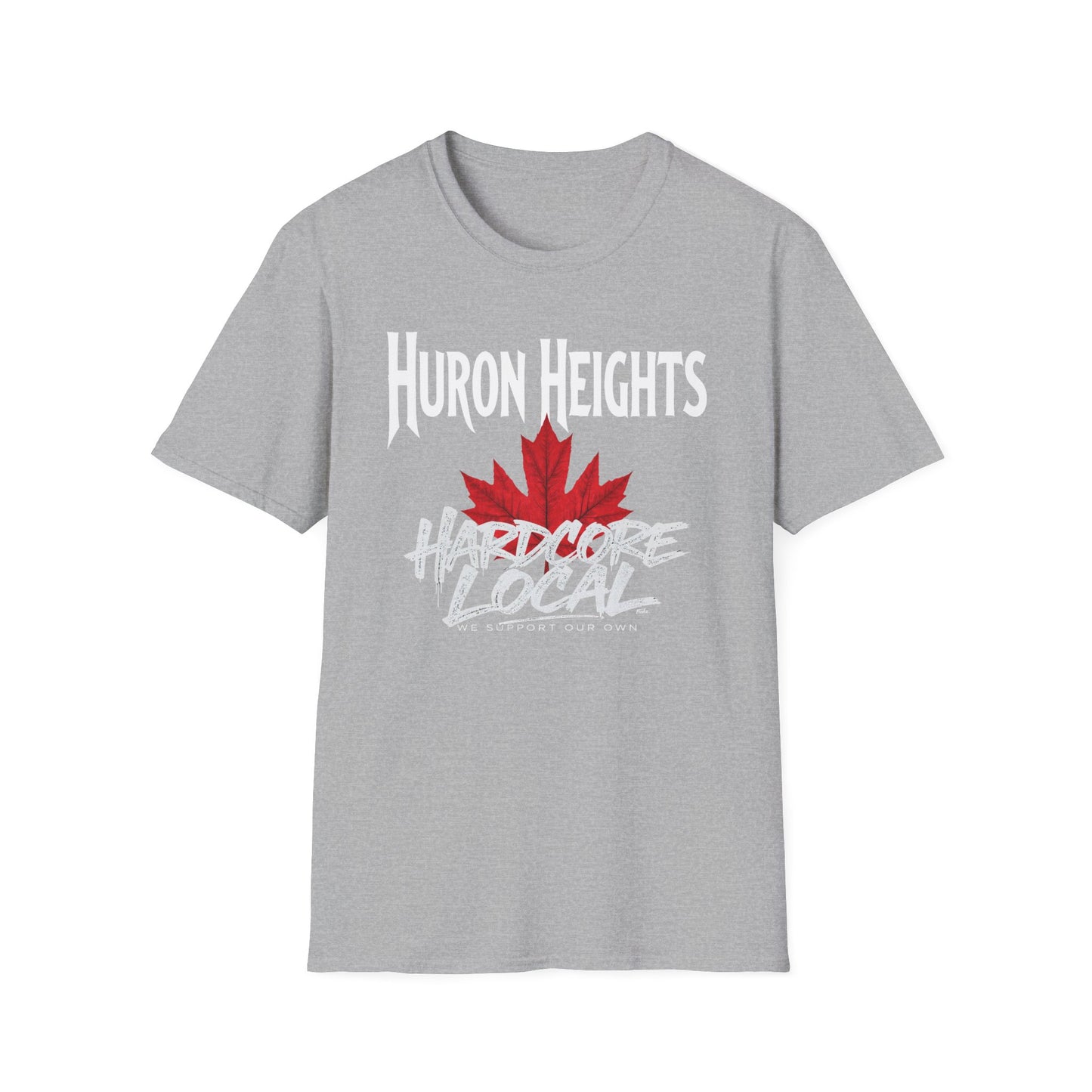 Huron Heights Hardcore We Support Our Own Red Leaf T-Shirt, c02-n06-s006 Softstyle Graphic Tee, Unisex Casual Wear, Support'n Locals Merch, Gift for Community Lovers.