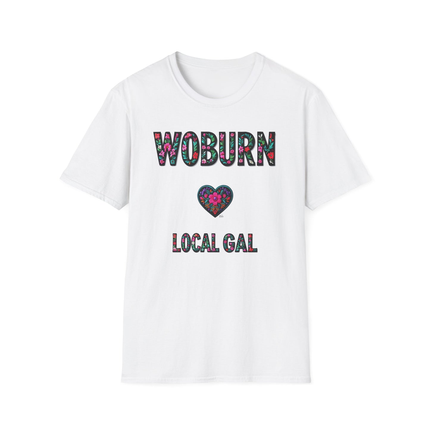 Woburn Local Gal Flower-Heart T-Shirt, c06-n06-s005 Softstyle Graphic Tee, Unisex Casual Wear, Support Local Merch, Gift for Community Lovers, Finkz WINDSOR