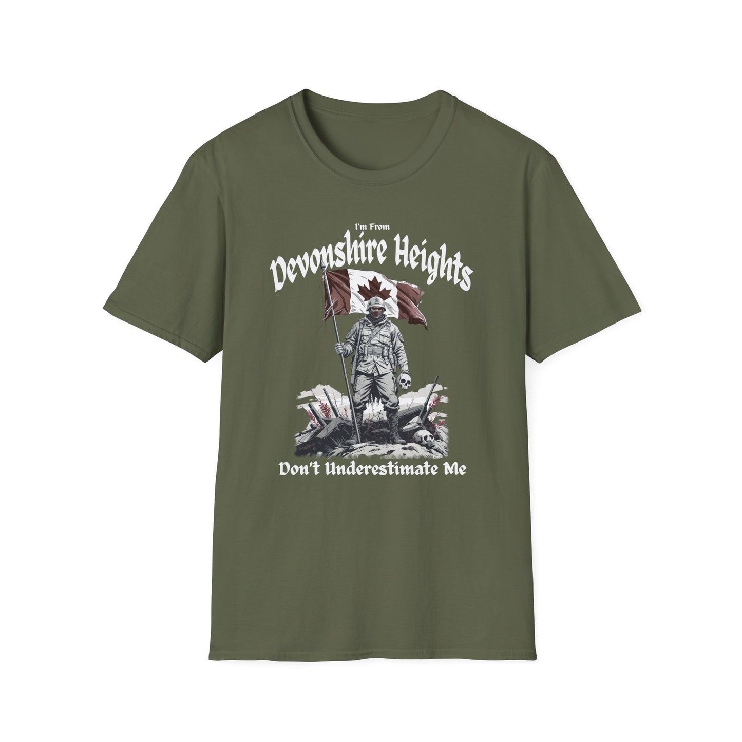 Devonshire Heights Underestimate Guy T-Shirt, c01-n15-s002 Softstyle Graphic Tee, Unisex Casual Wear, Support'n Locals Merch, Gift for Community Lovers.
