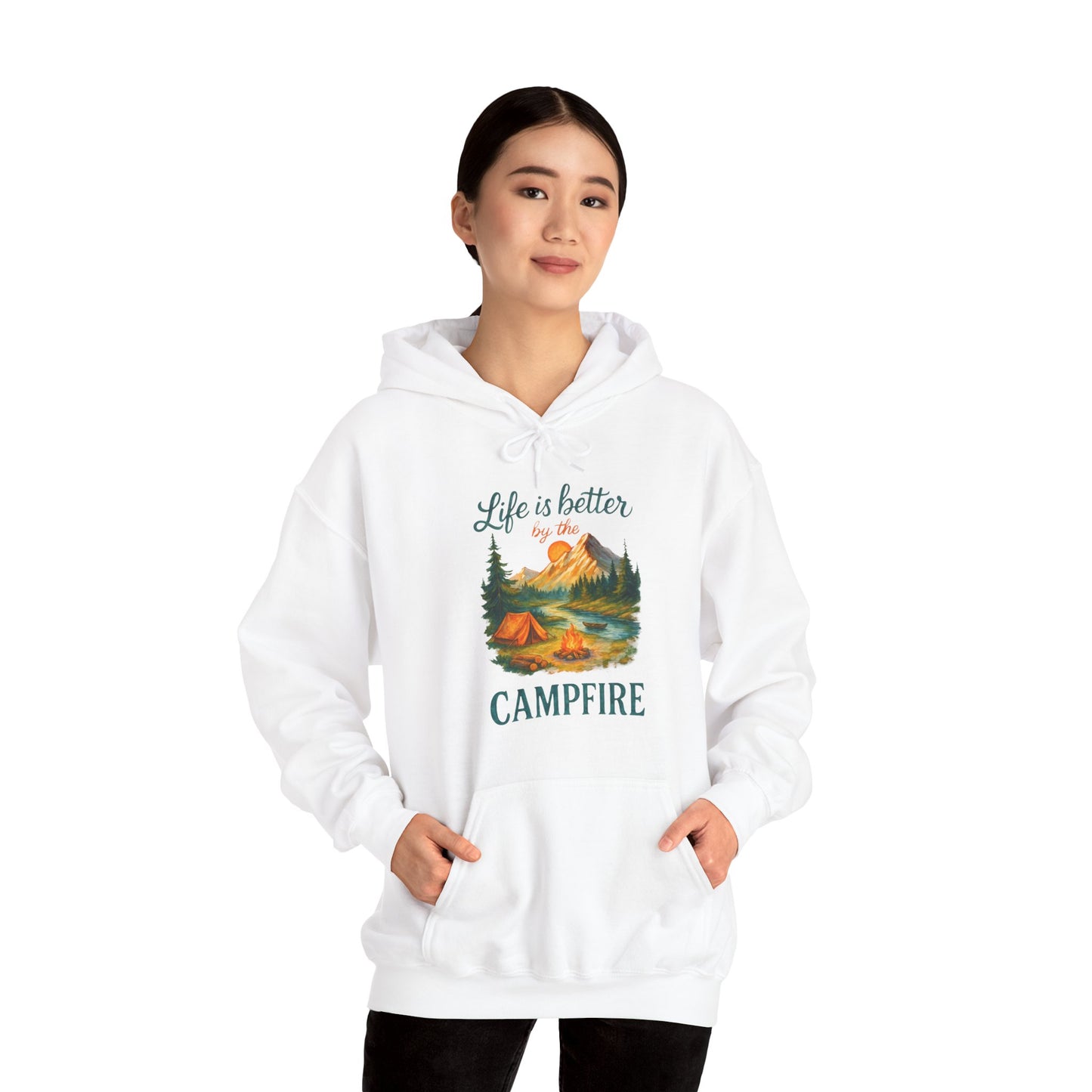 Life Is Better by The Campfire Hoodie | HappyCamperCrew.Com 100% Authentic | Cozy Camping Hoodie | Unisex Hooded Sweatshirt for Nature Lovers, Casual Wear, Gift for Him/Her, Outdoor Adventures, Cozy Days & Warm Nights by the Campfire