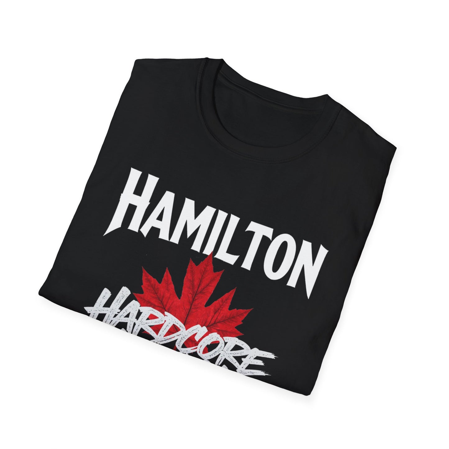 Hamilton Hardcore We Support Our Own Red Leaf T-Shirt, c04-n00-s006 Softstyle Graphic Tee, Unisex Casual Wear, Support'n Locals Merch, Gift for Community Lovers.