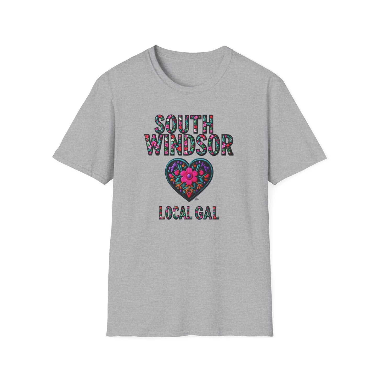 SOUTH WINDSOR Local Gal Flower-Heart T-Shirt, 3 Softstyle Graphic Tee, Unisex Casual Wear, Support Local Merch, Gift for Community Lovers, Finkz WINDSOR