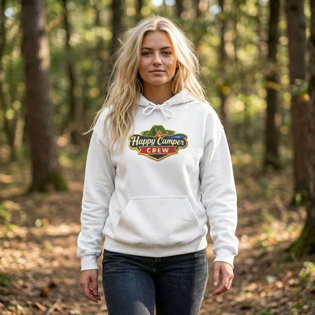 Happy Camper Crew - light Hoodie |  100% Authentic | Cozy Camping Hoodie | Unisex Hooded Sweatshirt for Nature Lovers, Casual Wear, Gift for Him/Her, Outdoor Adventures.. - HappyCamperCrew.com