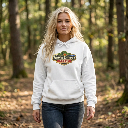 Happy Camper Crew - light Hoodie |  100% Authentic | Cozy Camping Hoodie | Unisex Hooded Sweatshirt for Nature Lovers, Casual Wear, Gift for Him/Her, Outdoor Adventures.. - HappyCamperCrew.com