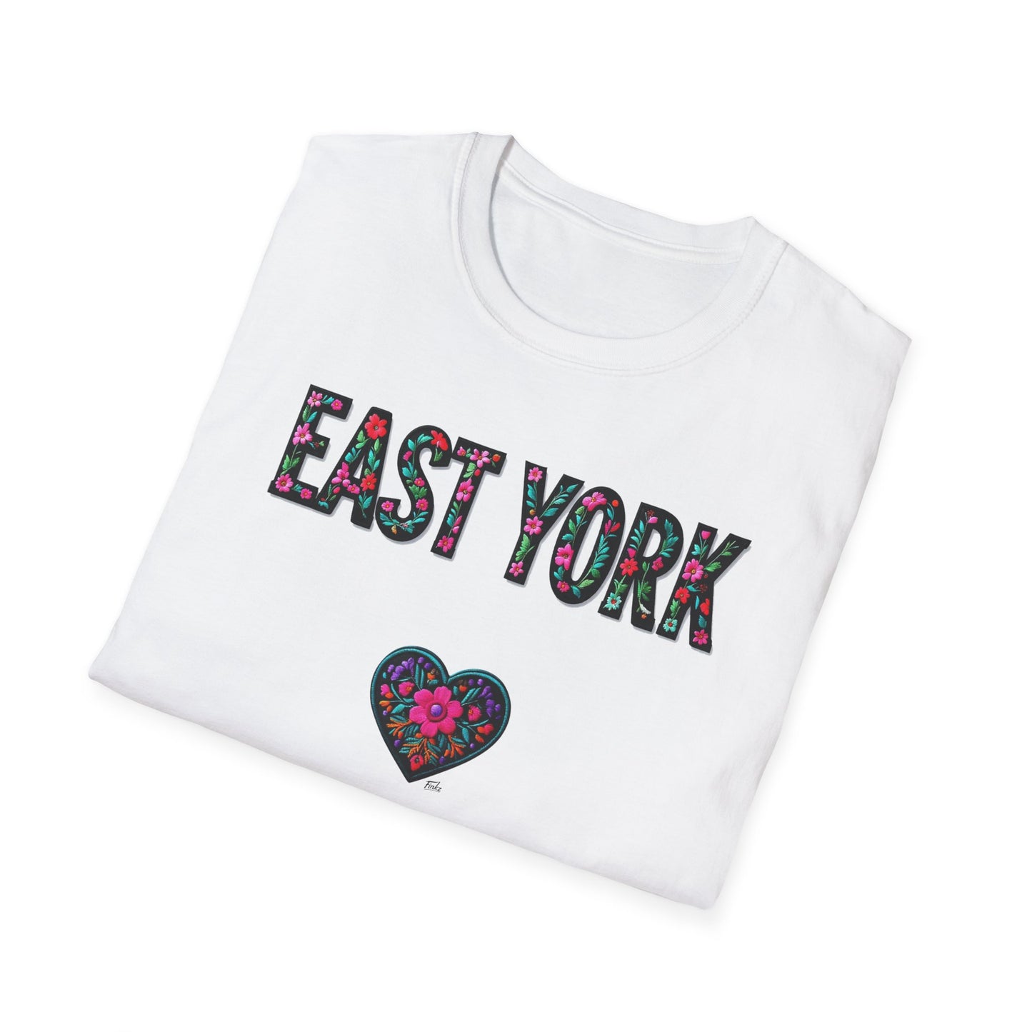 East York Local Gal Flower-Heart T-Shirt, c06-n02-s005 Softstyle Graphic Tee, Unisex Casual Wear, Support Local Merch, Gift for Community Lovers, Finkz WINDSOR