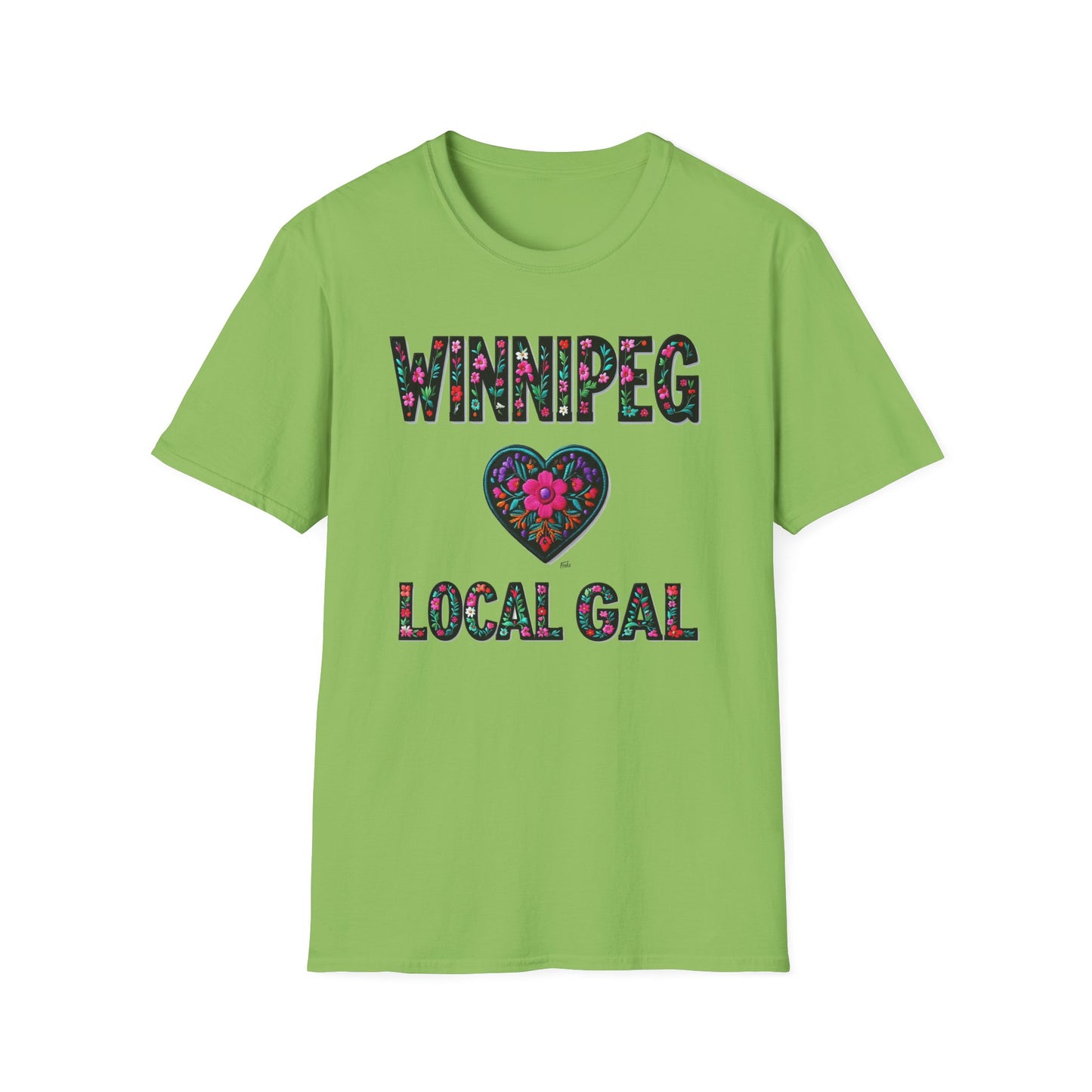 Winnipeg Local Gal Flower-Heart T-Shirt, c09-n00-s005 Softstyle Graphic Tee, Unisex Casual Wear, Support Local Merch, Gift for Community Lovers, Finkz WINDSOR