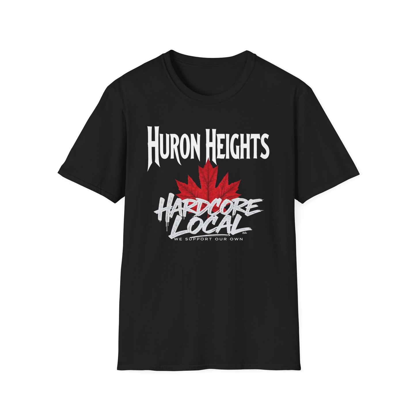 Huron Heights Hardcore We Support Our Own Red Leaf T-Shirt, c02-n06-s006 Softstyle Graphic Tee, Unisex Casual Wear, Support'n Locals Merch, Gift for Community Lovers.