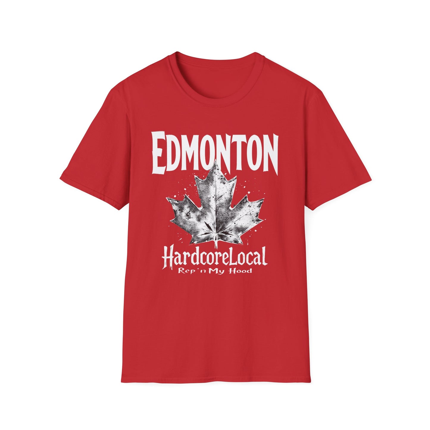 Edmonton Hardcore Rep'n White Leaf T-Shirt, c012-n00-s007 Softstyle Graphic Tee, Unisex Casual Wear, Support'n Locals Merch, Gift for Community Lovers.
