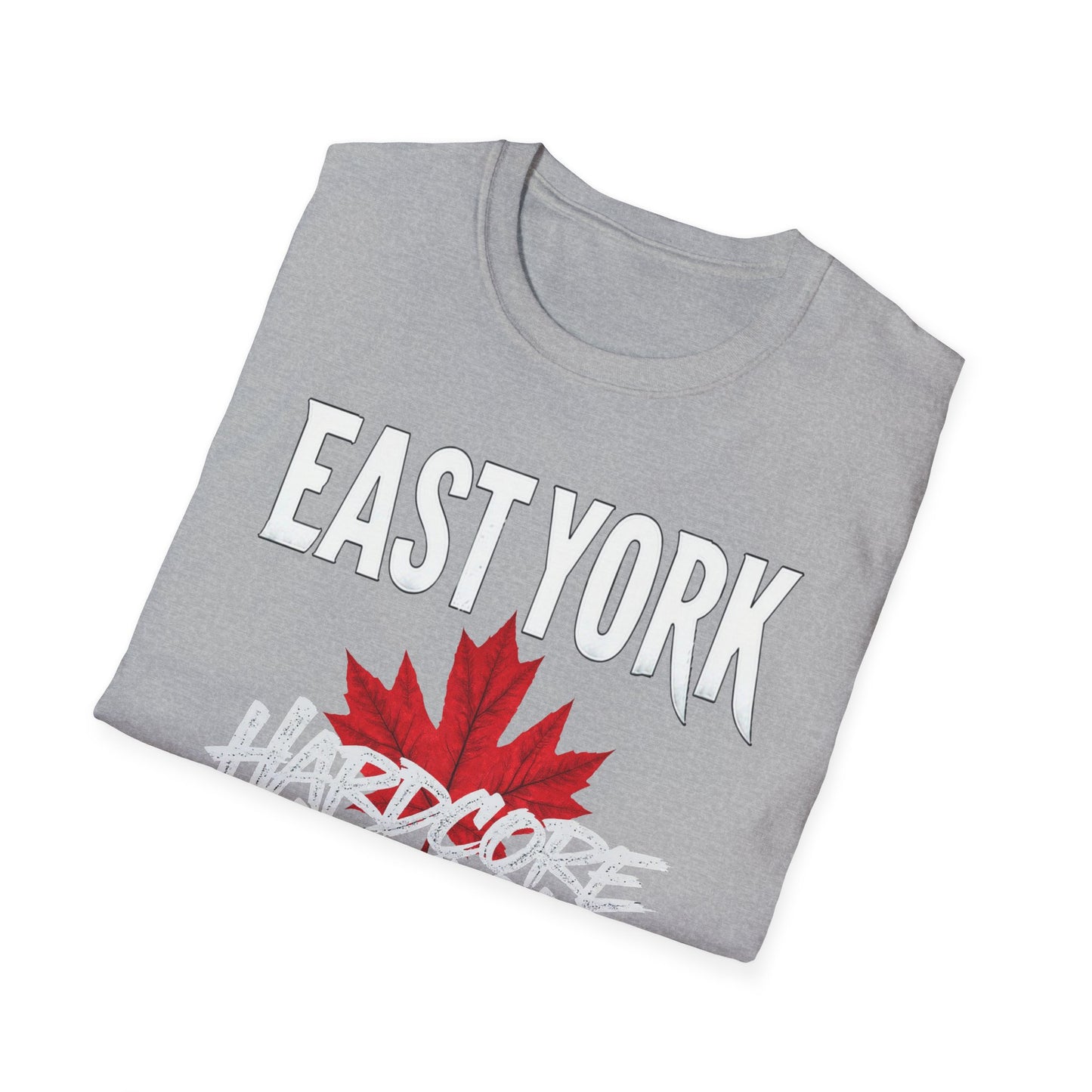East York Hardcore We Support Our Own Red Leaf T-Shirt, c06-n02-s006 Softstyle Graphic Tee, Unisex Casual Wear, Support'n Locals Merch, Gift for Community Lovers.