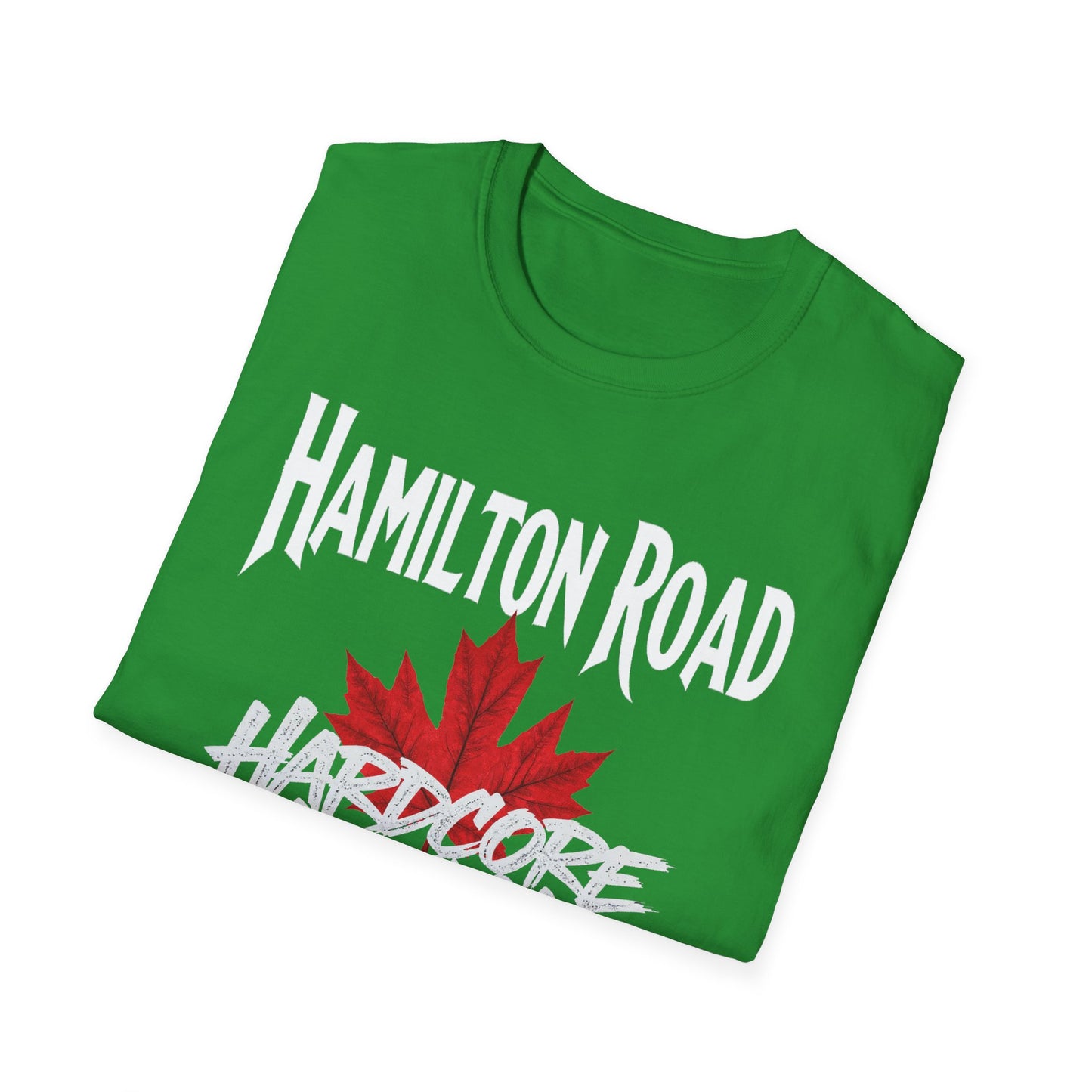 Hamilton Road Hardcore We Support Our Own Red Leaf T-Shirt, c02-n04-s006 Softstyle Graphic Tee, Unisex Casual Wear, Support'n Locals Merch, Gift for Community Lovers.