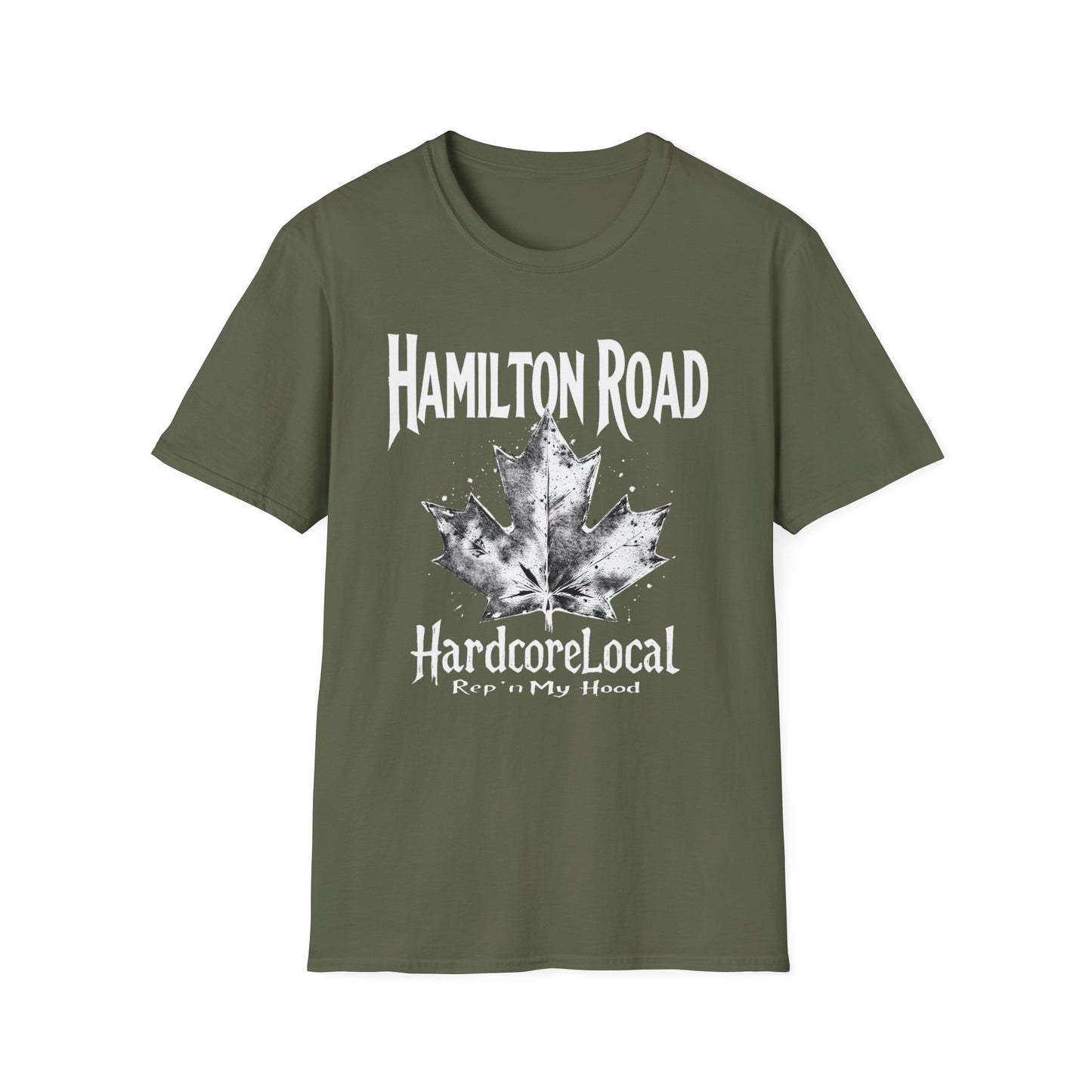 Hamilton Road Hardcore Rep'n White Leaf T-Shirt, c02-n04-s007 Softstyle Graphic Tee, Unisex Casual Wear, Support'n Locals Merch, Gift for Community Lovers.