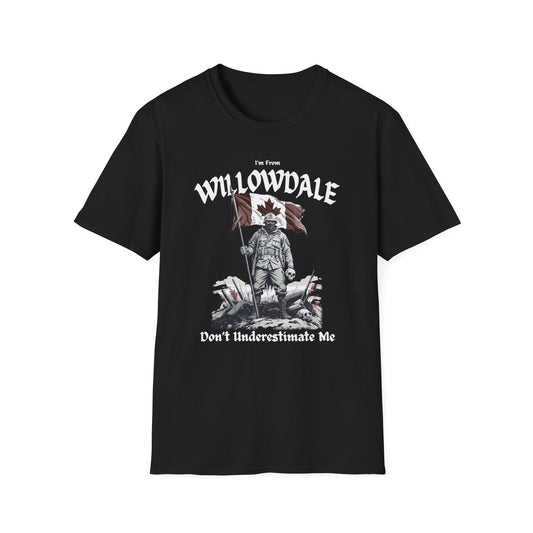 Willowdale Underestimate Guy T-Shirt, c06-n05-s002 Softstyle Graphic Tee, Unisex Casual Wear, Support'n Locals Merch, Gift for Community Lovers.
