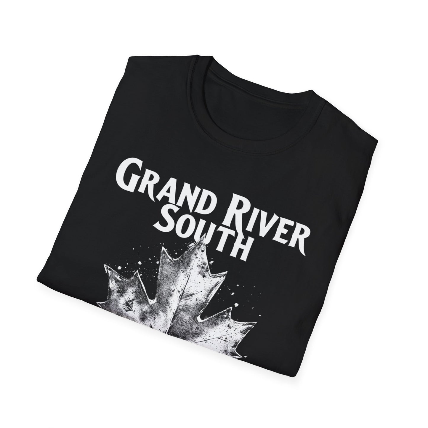 Grand River South Hardcore Rep'n White Leaf T-Shirt, c03-n04-s007 Softstyle Graphic Tee, Unisex Casual Wear, Support'n Locals Merch, Gift for Community Lovers.