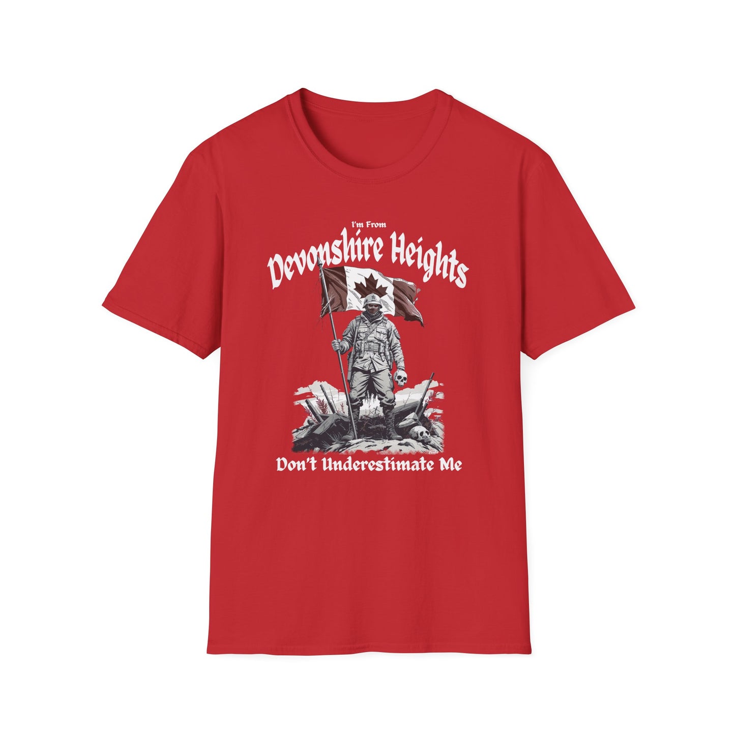 Devonshire Heights Underestimate Guy T-Shirt, c01-n15-s002 Softstyle Graphic Tee, Unisex Casual Wear, Support'n Locals Merch, Gift for Community Lovers.