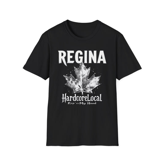 Regina Hardcore Rep'n White Leaf T-Shirt, c010-n00-s007 Softstyle Graphic Tee, Unisex Casual Wear, Support'n Locals Merch, Gift for Community Lovers.