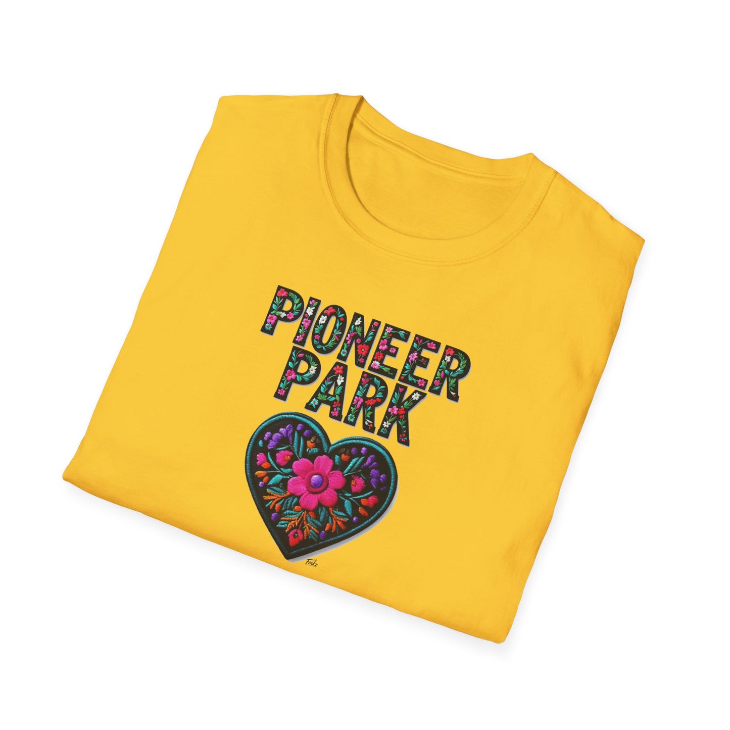 Pioneer Park Local Gal Flower-Heart T-Shirt, c03-n08-s05  Softstyle Graphic Tee, Unisex Casual Wear, Support Local Merch, Gift for Community Lovers, Finkz WINDSOR