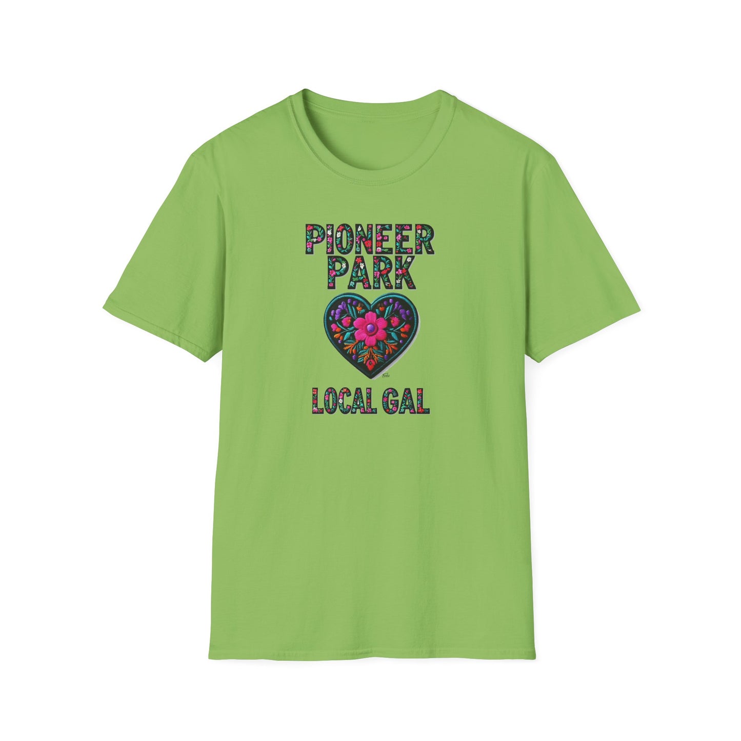 Pioneer Park Local Gal Flower-Heart T-Shirt, c03-n08-s05  Softstyle Graphic Tee, Unisex Casual Wear, Support Local Merch, Gift for Community Lovers, Finkz WINDSOR