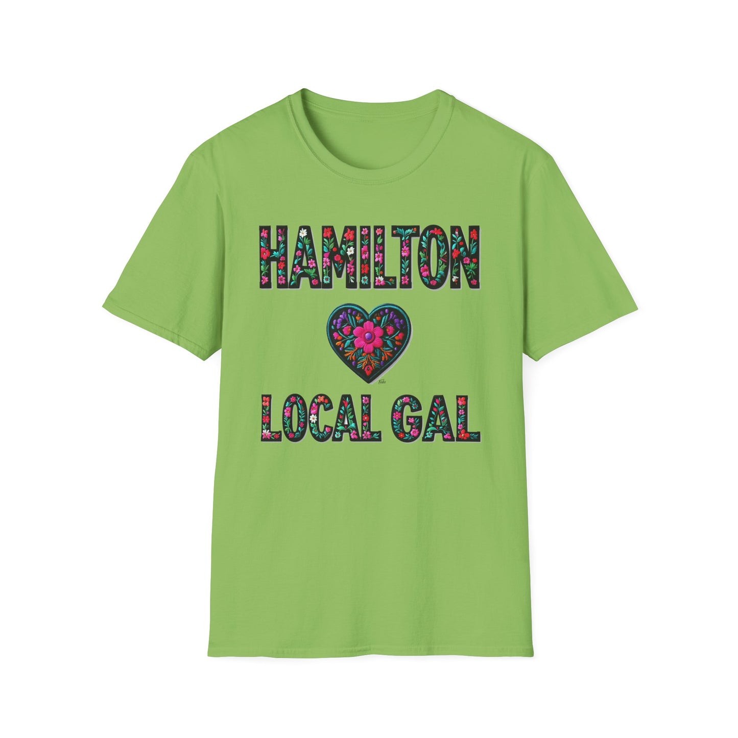 Hamilton Local Gal Flower-Heart T-Shirt, c04-n00-s005 Softstyle Graphic Tee, Unisex Casual Wear, Support Local Merch, Gift for Community Lovers, Finkz WINDSOR