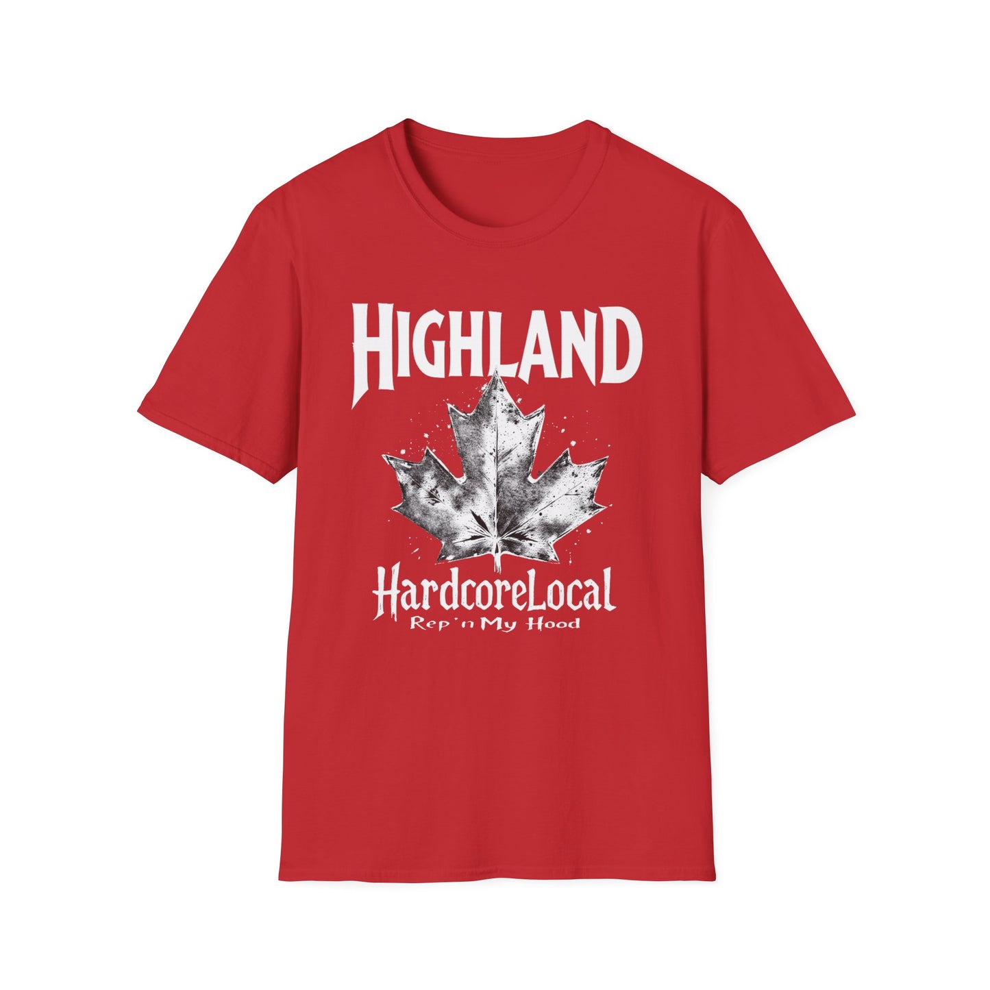 Highland Hardcore Rep'n White Leaf T-Shirt, c02-n05-s007 Softstyle Graphic Tee, Unisex Casual Wear, Support'n Locals Merch, Gift for Community Lovers.