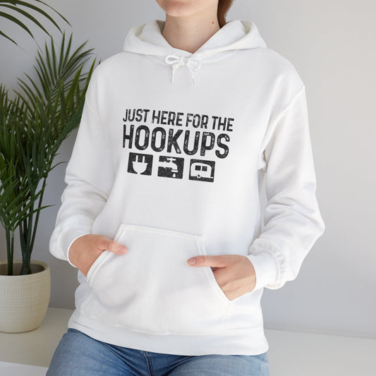Here For The Hookups Hoodie | HappyCamperCrew.Com 100% Authentic | Cozy Camping Hoodie | Unisex Hooded Sweatshirt for Nature Lovers, Casual Wear, Gift for Him/Her, Outdoor Adventures, Cozy Days & Warm Nights by the Campfire
