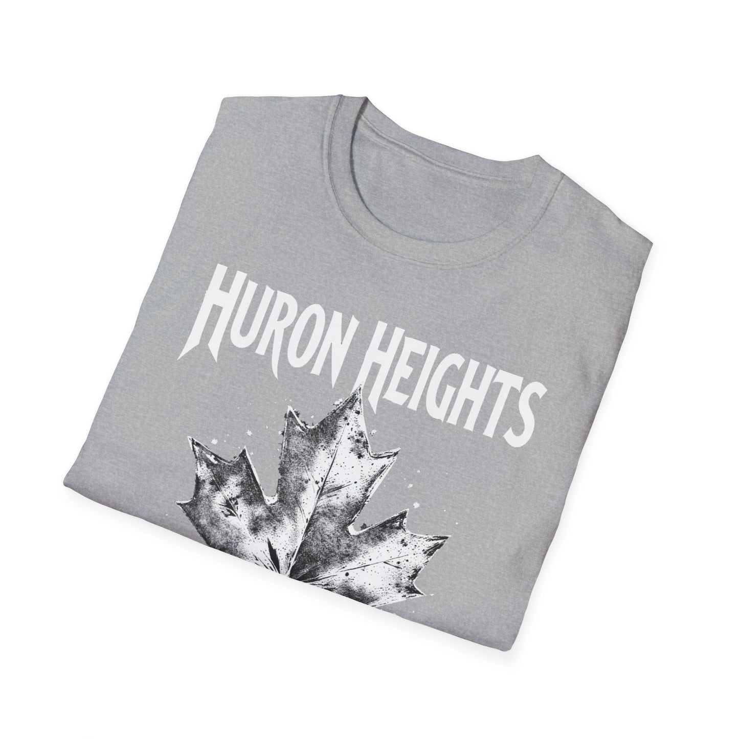 Huron Heights Hardcore Rep'n White Leaf T-Shirt, c002-n06-s007 Softstyle Graphic Tee, Unisex Casual Wear, Support'n Locals Merch, Gift for Community Lovers.