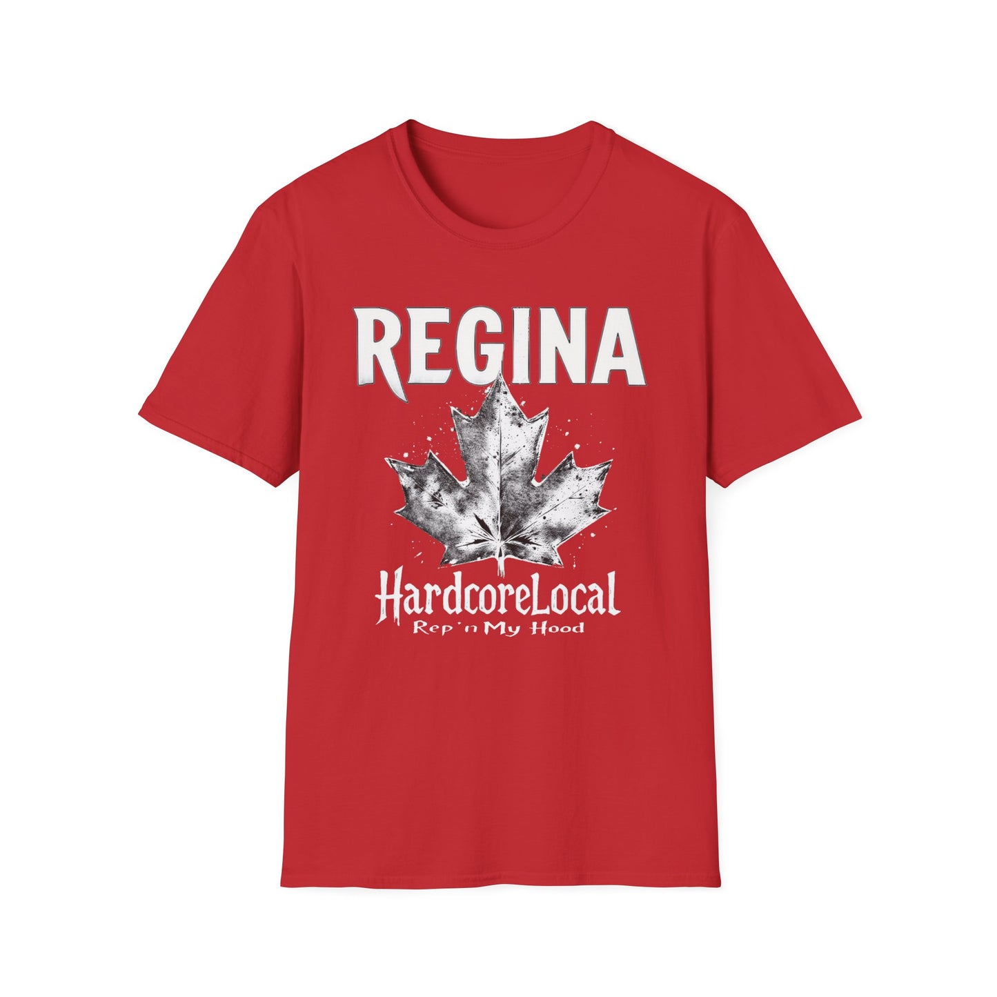 Regina Hardcore Rep'n White Leaf T-Shirt, c010-n00-s007 Softstyle Graphic Tee, Unisex Casual Wear, Support'n Locals Merch, Gift for Community Lovers.