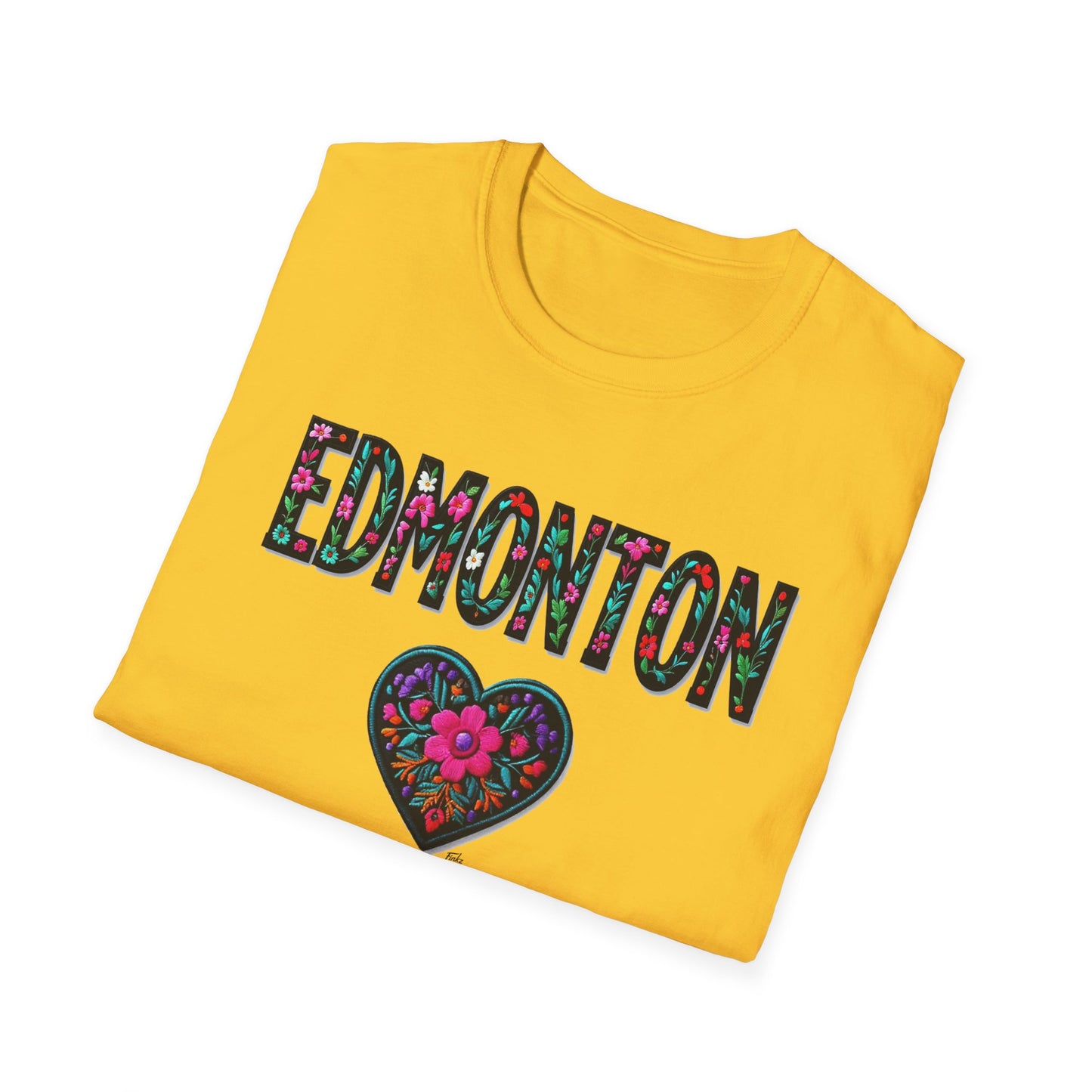 Edmonton Local Gal Flower-Heart T-Shirt, c012-n00-s005 Softstyle Graphic Tee, Unisex Casual Wear, Support Local Merch, Gift for Community Lovers, Finkz