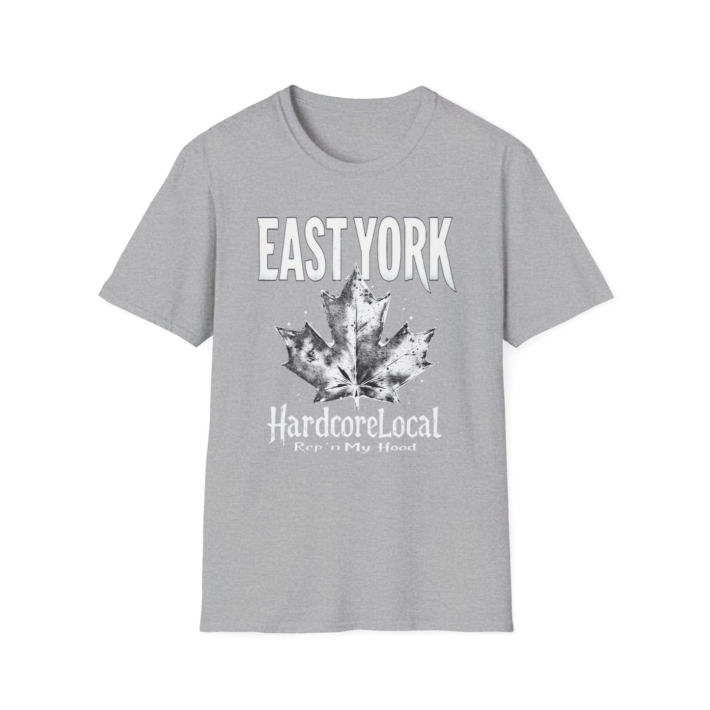 East York Hardcore Rep'n White Leaf T-Shirt, c06-n02-s007 Softstyle Graphic Tee, Unisex Casual Wear, Support'n Locals Merch, Gift for Community Lovers.
