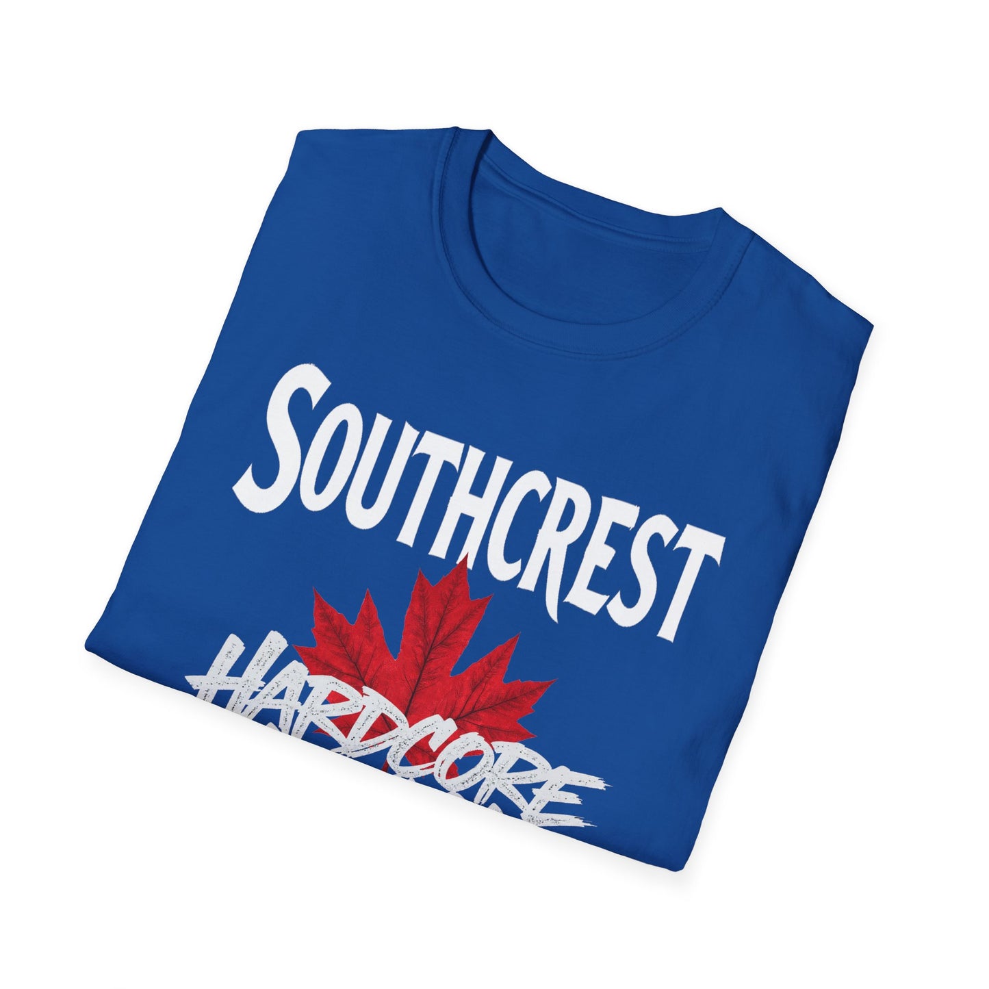 Southcrest Hardcore We Support Our Own Red Leaf T-Shirt, c02-n07-s006 Softstyle Graphic Tee, Unisex Casual Wear, Support'n Locals Merch, Gift for Community Lovers.