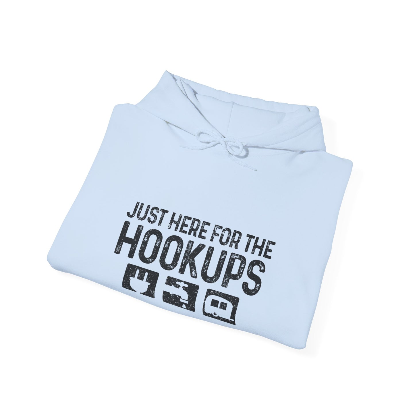 Here For The Hookups Hoodie | HappyCamperCrew.Com 100% Authentic | Cozy Camping Hoodie | Unisex Hooded Sweatshirt for Nature Lovers, Casual Wear, Gift for Him/Her, Outdoor Adventures, Cozy Days & Warm Nights by the Campfire