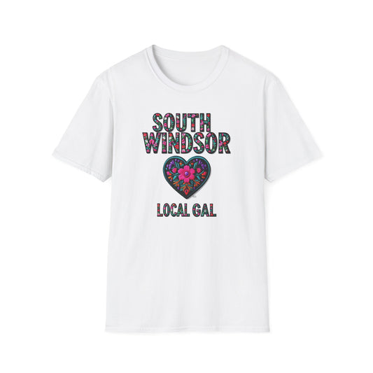 SOUTH WINDSOR Local Gal Flower-Heart T-Shirt, 3 Softstyle Graphic Tee, Unisex Casual Wear, Support Local Merch, Gift for Community Lovers, Finkz WINDSOR