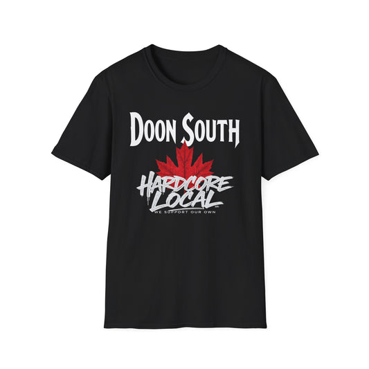 Doon South Hardcore We Support Our Own Red Leaf T-Shirt, c03-n02-s006 Softstyle Graphic Tee, Unisex Casual Wear, Support'n Locals Merch, Gift for Community Lovers.
