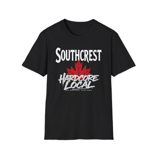 Southcrest Hardcore We Support Our Own Red Leaf T-Shirt, c02-n07-s006 Softstyle Graphic Tee, Unisex Casual Wear, Support'n Locals Merch, Gift for Community Lovers.
