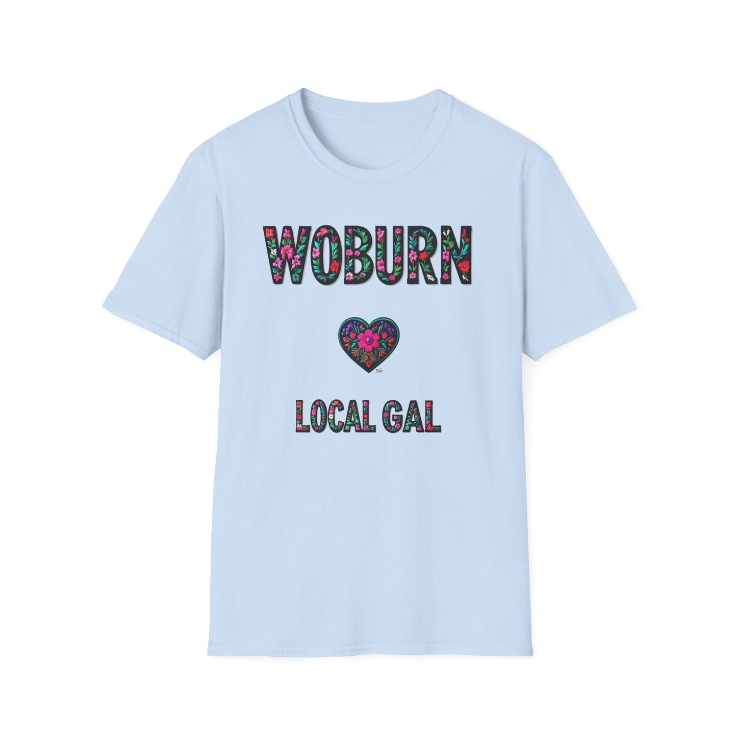 Woburn Local Gal Flower-Heart T-Shirt, c06-n06-s005 Softstyle Graphic Tee, Unisex Casual Wear, Support Local Merch, Gift for Community Lovers, Finkz WINDSOR