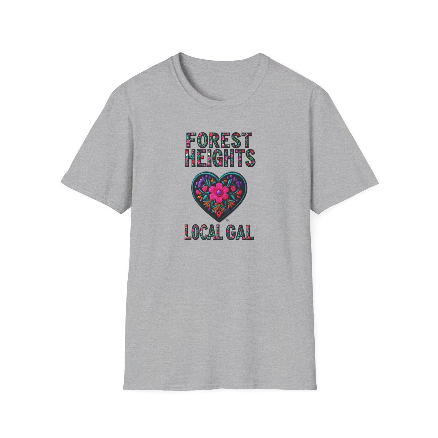 Forest Heights Local Gal Flower-Heart T-Shirt, c03-n03-s05  Softstyle Graphic Tee, Unisex Casual Wear, Support Local Merch, Gift for Community Lovers, Finkz WINDSOR
