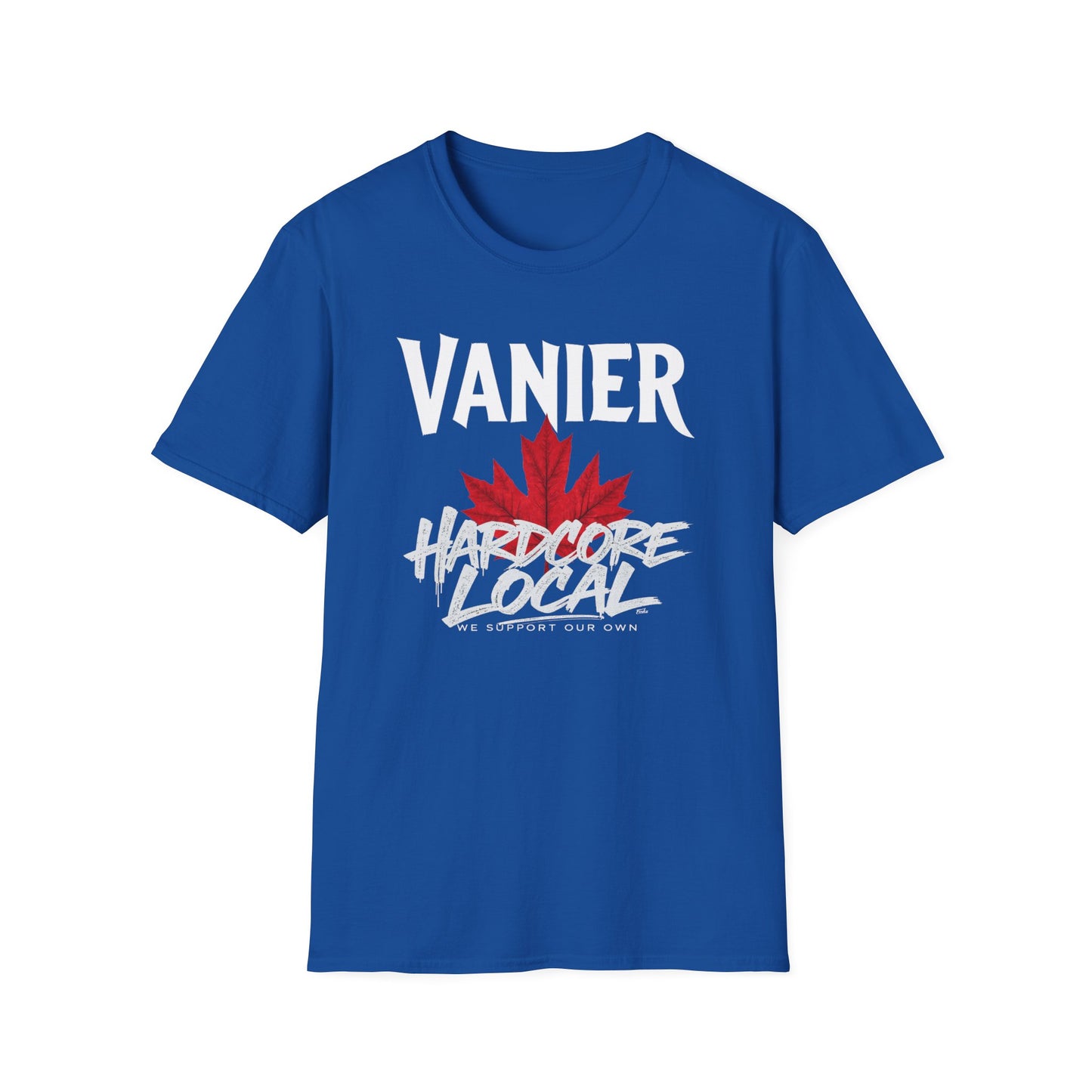 Vanier Hardcore We Support Our Own Red Leaf T-Shirt, c03-n09-s006 Softstyle Graphic Tee, Unisex Casual Wear, Support'n Locals Merch, Gift for Community Lovers.