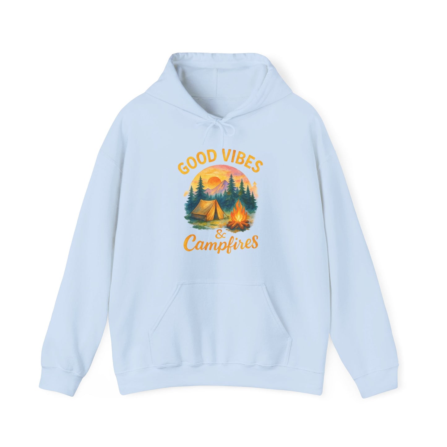 Good Vibes and Campfires Hoodie | HappyCamperCrew.Com 100% Authentic | Cozy Camping Hoodie | Unisex Hooded Sweatshirt for Nature Lovers, Casual Wear, Gift for Him/Her, Outdoor Adventures, Cozy Days & Warm Nights by the Campfire