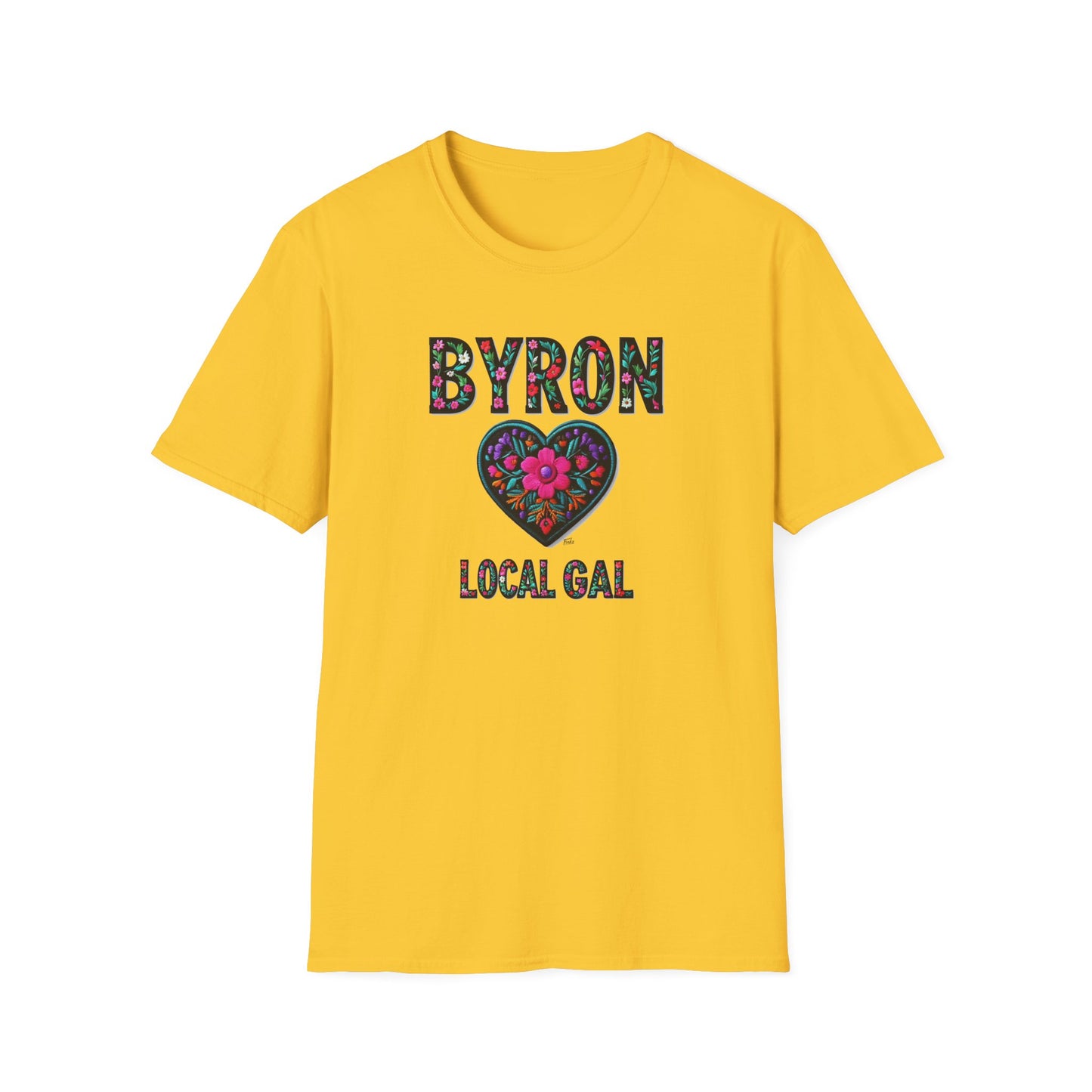 Byron Local Gal Flower-Heart T-Shirt, c02-n02-s05  Softstyle Graphic Tee, Unisex Casual Wear, Support Local Merch, Gift for Community Lovers, Finkz WINDSOR