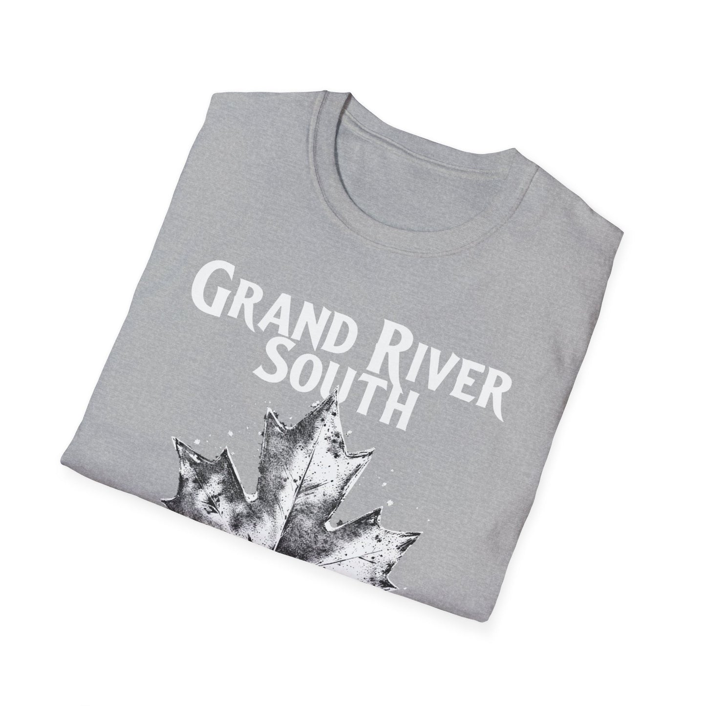 Grand River South Hardcore Rep'n White Leaf T-Shirt, c03-n04-s007 Softstyle Graphic Tee, Unisex Casual Wear, Support'n Locals Merch, Gift for Community Lovers.