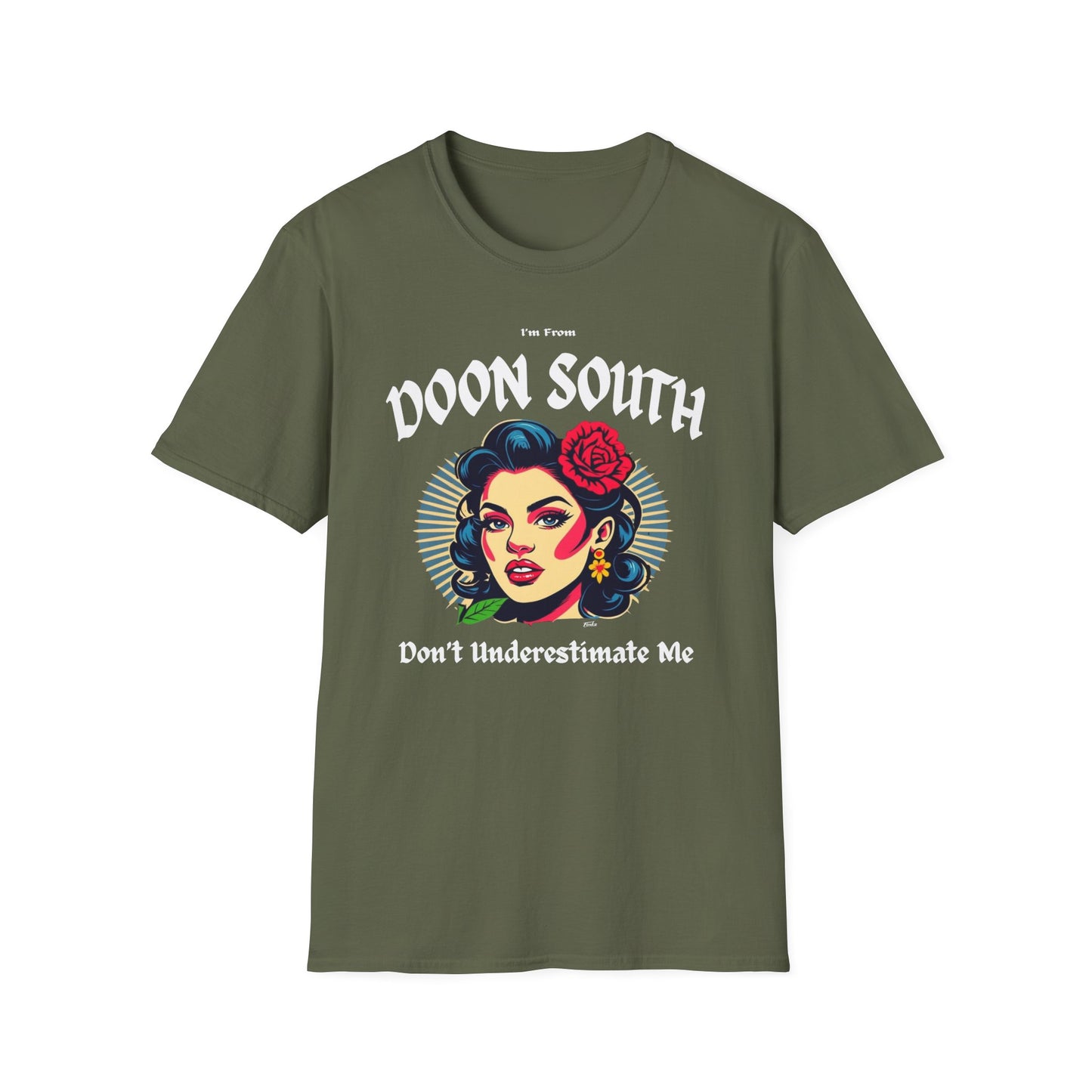 Doon South Underestimate Gal T-Shirt, c03-n02-s001 Softstyle Graphic Tee, Unisex Casual Wear, Support'n Locals Merch, Gift for Community Lovers.
