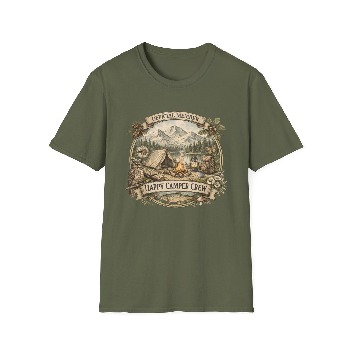 Happy Camper Crew Lake Scene T-Shirt, Softstyle, Unisex  - HappyCamperCrew.com