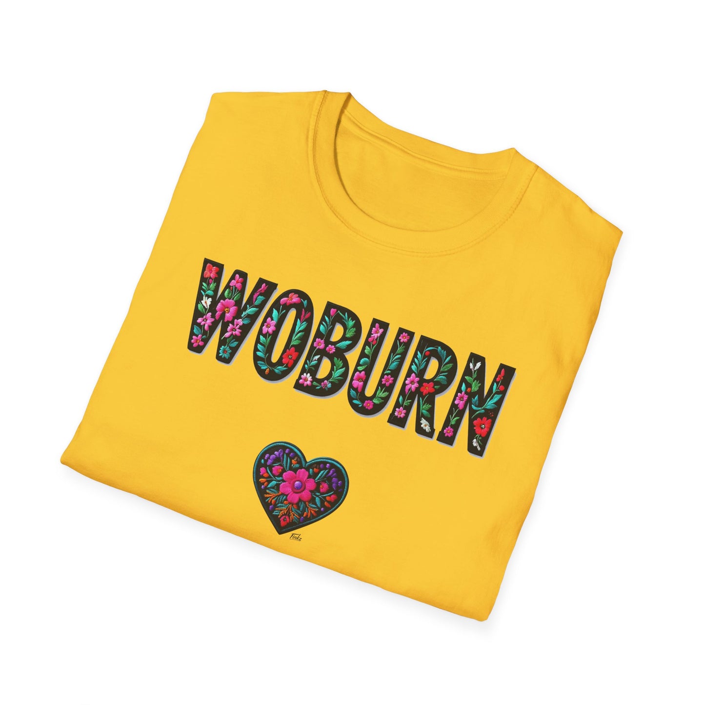 Woburn Local Gal Flower-Heart T-Shirt, c06-n06-s005 Softstyle Graphic Tee, Unisex Casual Wear, Support Local Merch, Gift for Community Lovers, Finkz WINDSOR
